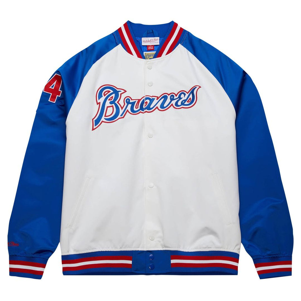 Atlanta Braves Hank Aaron Mitchell & Ness White/Royal Cooperstown Collection Legends Lightweight Satin Raglan Full-Snap Jacket