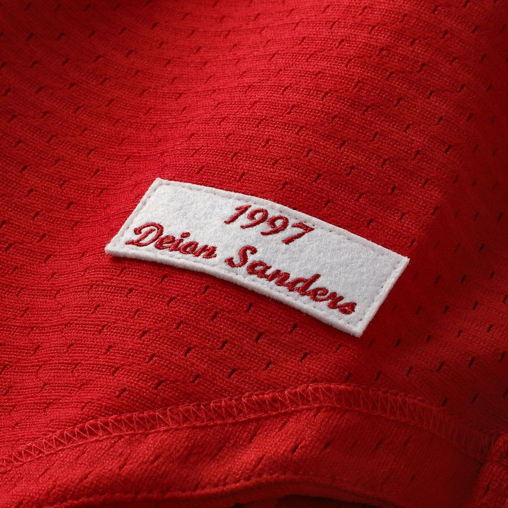 Cincinnati Reds Deion Sanders Mitchell & Ness Red Cooperstown Mesh Batting Practice Button-Up Jersey