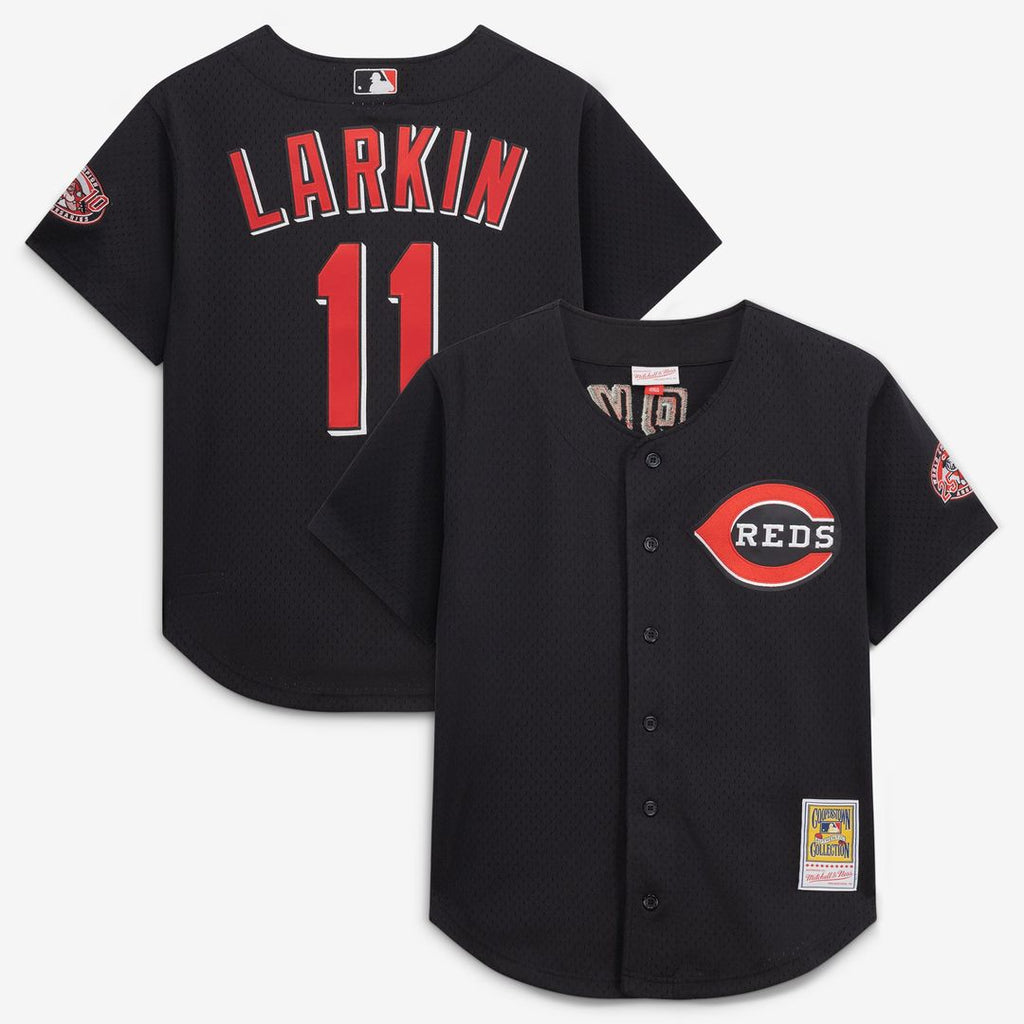 Cincinnati Reds Barry Larkin Mitchell & Ness Black Cooperstown Collection Mesh Batting Practice Button-Up Jersey