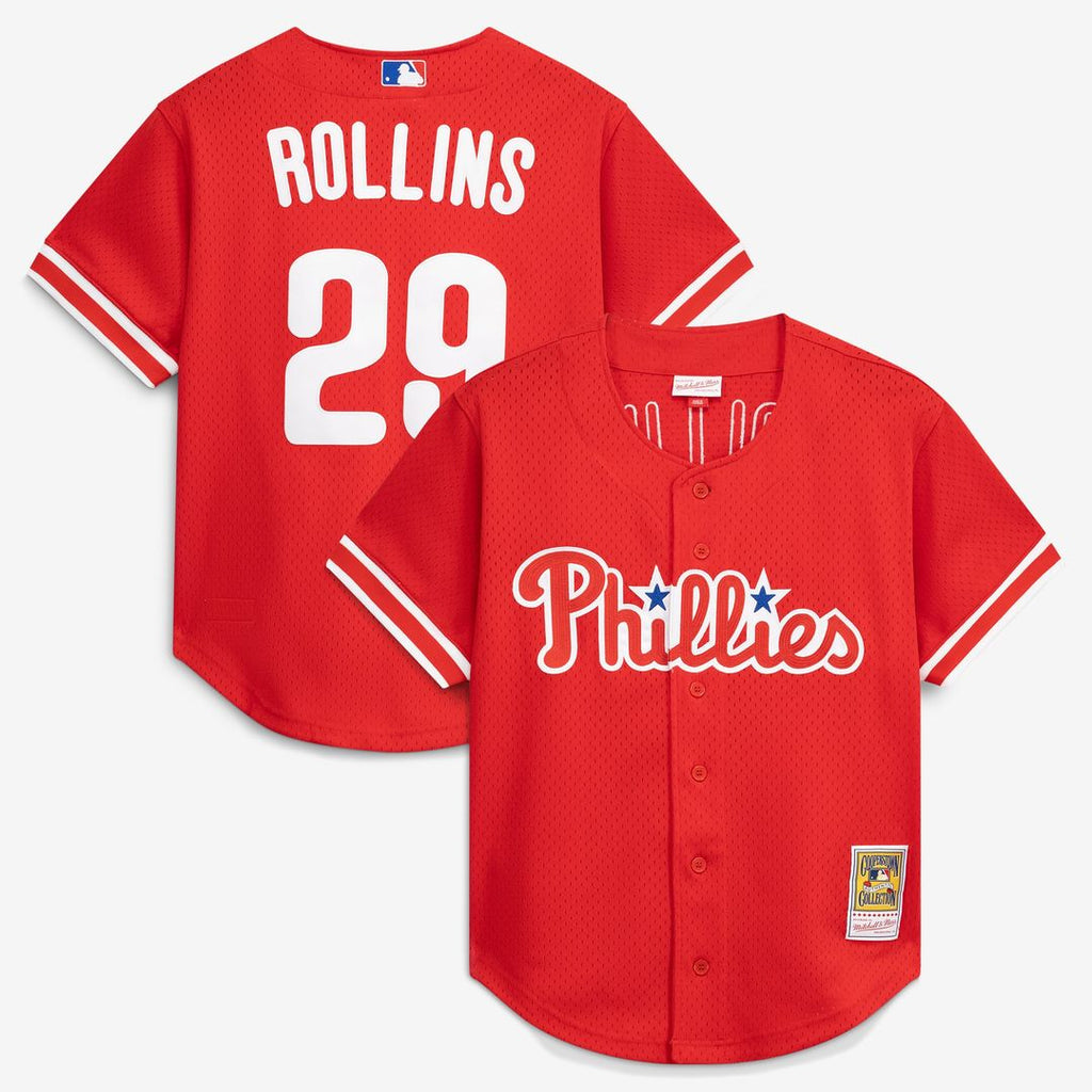 Philadelphia Phillies Jimmy Rollins Mitchell & Ness Red Cooperstown Mesh Batting Practice Button-Up Jersey