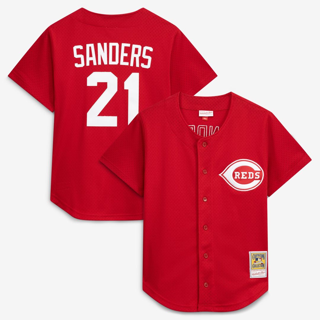 Cincinnati Reds Deion Sanders Mitchell & Ness Red Cooperstown Mesh Batting Practice Button-Up Jersey